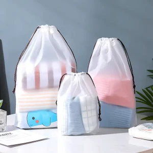 Custom Logo Frosted PE Plastic Transparent Clothes Underwear Socks Packaging Blank Storage Drawstring Bag With Drawstring