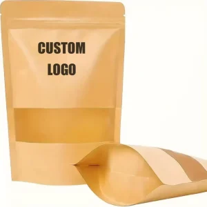 Custom Logo Kraft Paper Packaging Bags Resealable Stand up Pouch Three Side Seal Kraft Paper Self Sealing Bag With Window
