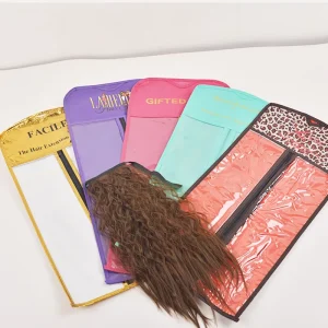 Custom Logo Lady Vintage Fashion Wig Hair Extension Packaging Zipper Carrier Storage Holder Satin Bags Hanger Recyclable Dress