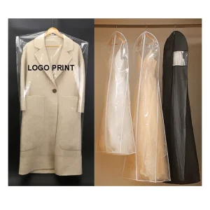 Custom Logo PE Garment Dust Cover Clear Suit Coat Storage Bag Zipper Long Wedding Dress Plastic Clothing Cover for Dry Cleaning