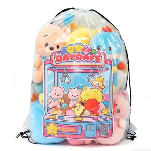 Custom Logo Personalized Waterproof PE Waterproof Plastic Drawstring Packaging Bags for Claw Bear Plush Toy Doll