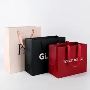 Custom Logo Printed 250gsm Matt Black Burgundy Nude Ribbon Rope Handle Boutique Gift White Cardboard Paper Bag Pack