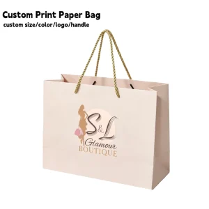 Custom Logo Printed Medium Size Beige Handheld Shopping Paper Bags for Clothing Store Dress Packaging