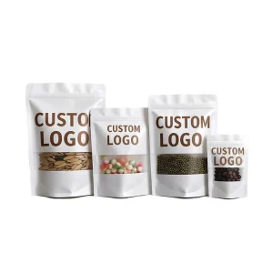 Custom Logo Resealable Zipper Food Storage Stand Up White Kraft Paper Pouch Bags With Matte Window For Small Business Packaging