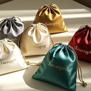 Custom Logo Satin Drawstring Pouch Smooth Silk Fabric Bag for Jewelry Cosmetics Gift Packaging