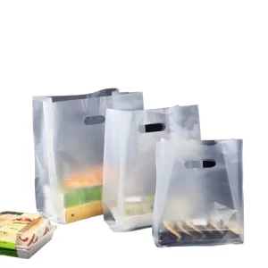 Custom Logo Square Bottom PP Clear Die Cut Bread Cake Bakery Packaging Plastic Bag Hand Length Handle Recyclable Take Frosted