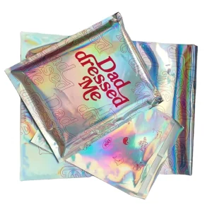 Custom Logo Waterproof Packaging Silver Holographic Film Mailer Bags Shipping Foil Bag for Clothing Apparel Self-adhesive Pouch