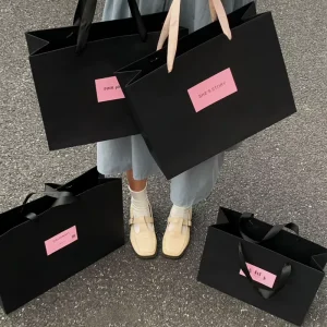 Custom Personalized Luxury Eco Friendly Black Kraft Paper Gift Bags with Your Own Logo for Dresses Clothes Jewelry & Shoes