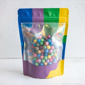 Custom Printed Colors Mylar Foil Stand Up Pouch Aluminum Matte OPP Window Candy Food Zip Lock Plastic Packaging Bag Manufacture