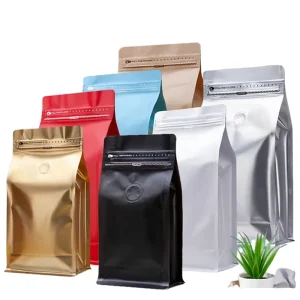 Custom Printed Compostable Eight Side Seal Flat Bottom Coffee Bean Pouches Packaging Bag With Valve and Zipper