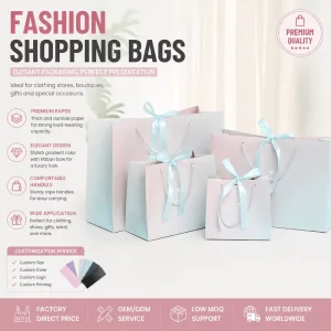 Custom Printed Gradient Pink Blue Luxury Paper Bags for Dresses Boutique Clothing Packaging Light Blue Ribbon Bow Handle Elegant