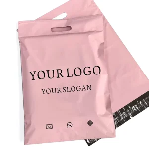 Custom Printed Logo Matte Pink Plastic Poly Waterproof Express Envelope Bag With Handle For Courier Shipping Mail Packaging