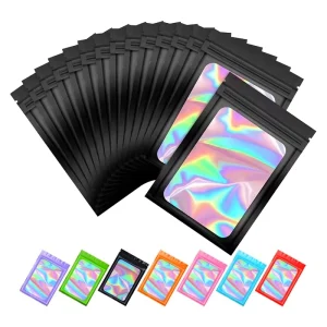 Custom Printed Matte Black Smell Proof Holographic Mylar Bags with Clear Window 3 Side Seal Bag Zipper Pouch Bulk