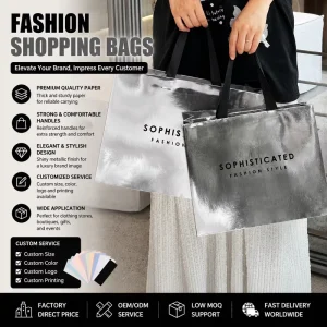 Custom Printed Mirrored Silver Paper Bags for Dresses Luxury Boutique Apparel Packaging With Ribbon Handles