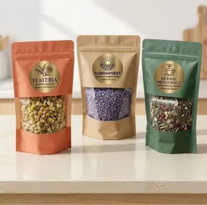 Custom Printed Resealable Stand up Pouches with Window Kraft Paper Recyclable for Flower Tea Herbal Tea Packaging Bags