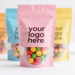 Custom Printed Stand up Bag Packaging Zipper Pouch with Window for Candy Snack Gift Display