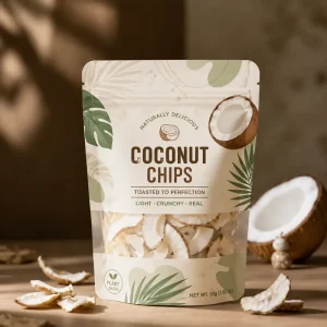 Custom Printed Stand up Pouch for Coconut Chips Packaging Food Grade Doypack with Window for Tropical Snacks