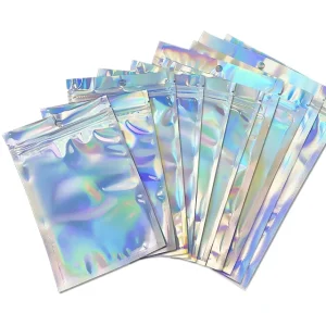 Custom Printing Clear Small Plastic Resealable Eyelashes Candy Holographic Laser Mylar Pouch Bags With Zipper