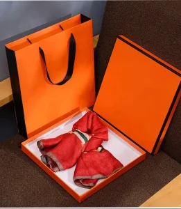 Custom Printing Logo Orange Silk Rigid Cardboard Box Square Gift Box with Lids Luxury Package Box for Scarves