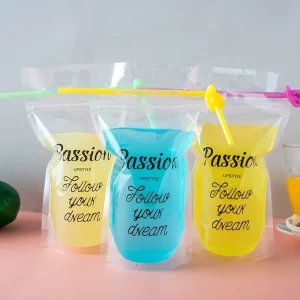 Custom Reusable Zip Lock Drink Pouch With Straw Juice Plastic Packaging Bags Beverage Pouch