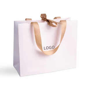 Custom Ribbon Handle White Cardboard Shopping Packaging Bag Customized Printed Paper Bags With Your Own Logo