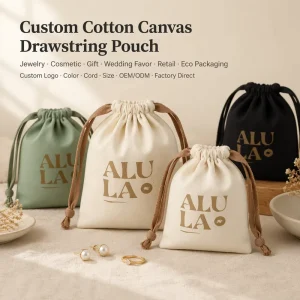 Custom Screen Printed Logo Natural Cotton Canvas Drawstring Pouch Eco Jewelry Perfume Gift Packaging Muslin Bag