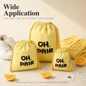 Custom Screen Printed Logo Yellow Canvas Large Drawstring Bag With Contrast Color Rope Lingerie Shoe Clothes Packaging