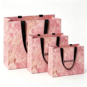 Custom Your Brand Silver Foil Logo Paper Shopping Gift Bag Clothing Packaging Bag with Polyester Ribbon Handle for Clothing