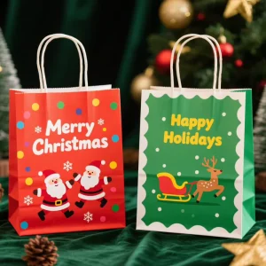 Customizable Kraft Paper Christmas Gift Bags with Zipper Top for Holiday Packaging Pillow & Umbrella Use Recycled Materials