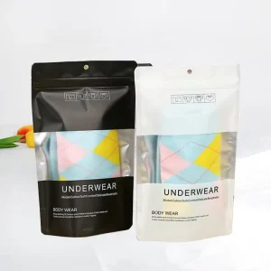 Customized Logo Printed PE Matte Aluminum Foil Underwear Clothes Stand Up Pouch With Zipper And Round Hanging Hole