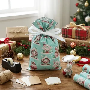 Customized Printed Green Santa House Pattern Reusable CPP Plastic Screen Printed Drawstring Christmas Gift Bag