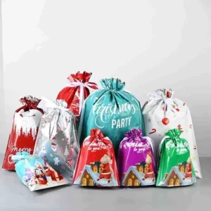 Customized Recyclable Christmas PE Drawstring Bags Custom Logo Offset Printing for Candy Present Packaging Gift Giving