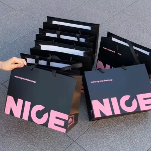 Customized logo Printed Paper Bags in Classic pink and Black Clothing Shopping Cardboard Bags with Ribbon Handles for Packaging