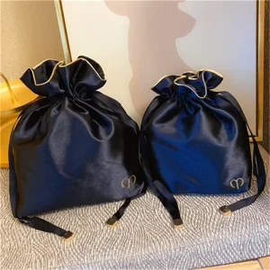 Darker Blue Double Layer Satin Silk Drawstring Bag for Makeup Storage Packaging Pouch 20*30cm Custom logo Size