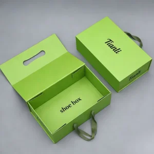 Digital Printing Custom Logo Black Shoes Box Packaging Matte Laminated Corrugated Cardboard Shoe Box With Ribbon Handle