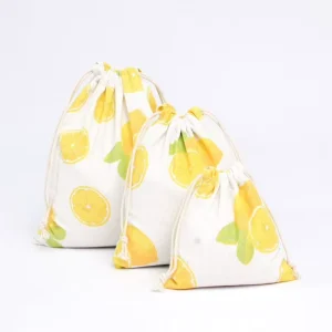 Eco-friendly Reusable Draw String Bag Lemon Pattern Cotton Linen Drawstring Bag Gift Packaging Bag