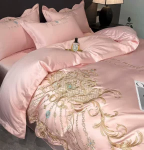 European Luxury Embroidery Ice Silk Cotton 4Pcs Bedding Set Soft Glossy Home Bedroom Wedding Bed Sheet Set