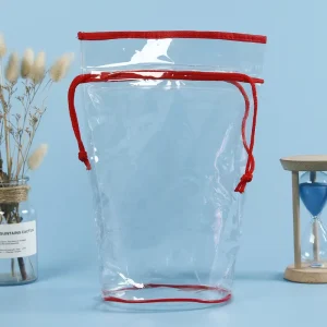 Gift Packaging Transparent PVC Plastic Drawstring Bag with Red Piping and String