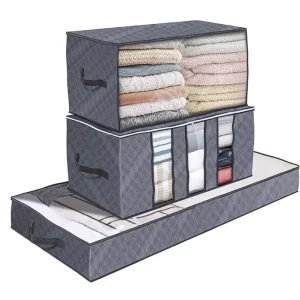 Grey Quilt Storage Bag Clear Window Folding Bag Clothes Blanket Bedding Storage Organizer Under Bed Storage Bag