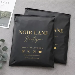 High Quality Frosted Underwear Packaging Bags With Brand Logo and Social Icons for Luxury Boutique Packaging Use