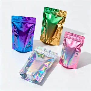 Holographic Stand Up Pouches With Resealable Zipper Custom Printed Shiny Bags For Premium Candy Cosmetics Party Favors