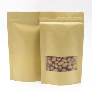 In Stock Biodegradable Classic Kraft Paper Stand up Bag Lamination for Tea Nut Food Packaging Clear Window Recycled Materials