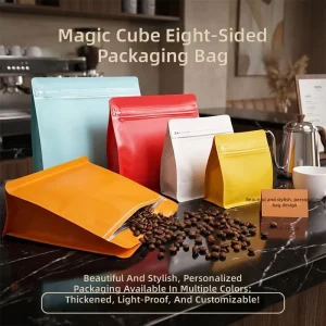 Instock Coffee Bean Packaging Bags Side Zipper Eight sided Seal Degassing Valve Food grade Stand up Sealed Aluminum coated PE