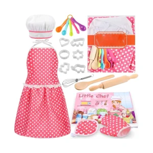 Kids Cooking Baking Set 19Pcs Kids Chef Role Play Costume Set Chef Hat and Matching Pink Apron Children Dress up