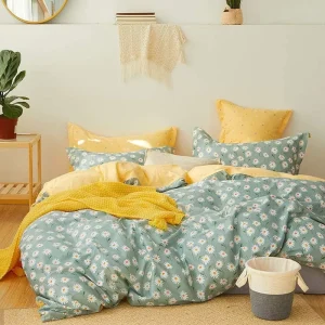 King Size 100% Cotton Daisy Floral Duvet Cover Set Flower Pattern Bedding Set with 2 Pillowcases
