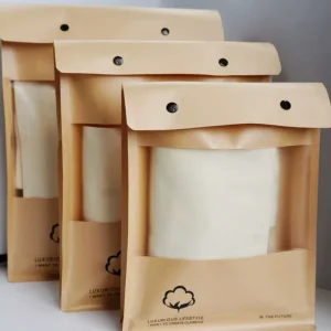 Kraft Paper Eight Side Sealed Bag with Clear Window & Snap Buttons Custom Logo Clothing Bedding Sheet Duvet Cover Packaging Bag