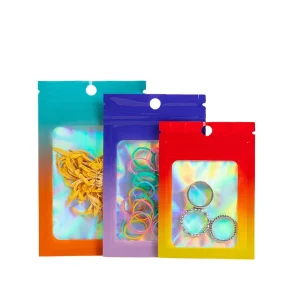 Laminated CPP Waterproof Food Packaging Holographic Mylar Zip Lock Three Side Seal Bag Transparent Window Hole Chewing Gum Sugar