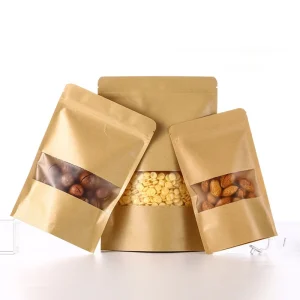 Laminated Snack Packaging Kraft Paper Bags Bolsa Stand Up Pouch Con Ventana Zip Lock Bags for Food Storage