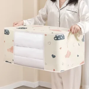 Large Capacity Eco Friendly Foldable Steel Reinforced Non Woven Fabric Print Design Bedding & Clothing Storage Bag with Zipper