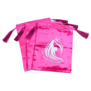 Logo Print Eco Friendly Customizable Silk Satin Drawstring Bag for Wig Packaging and Hair Extensions